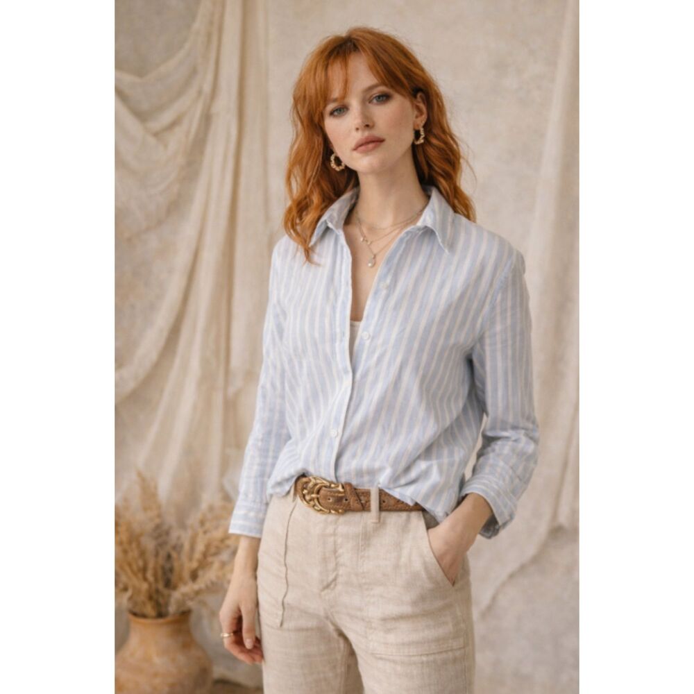 Anthropologie White & Blue Striped Button Down Shirt Women’s Small Workwear